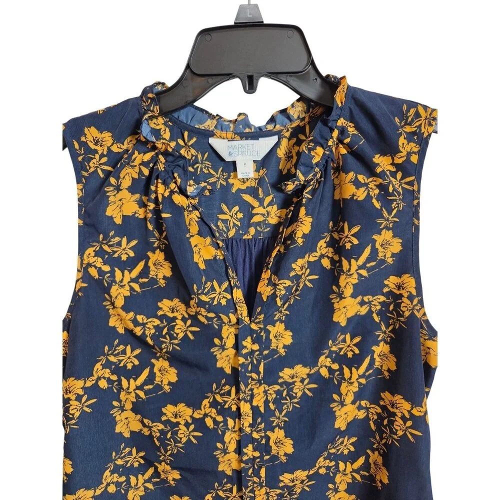 Market & Spruce Floral Sleeveless Ruffle Blouse Navy & Yellow Womens Large - Picture 6 of 14